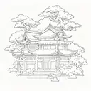 Fuse Japanese architecture with angelic elements in a blackwork design tattoo design idea