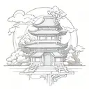 Fuse Japanese architecture with angelic elements in a blackwork design tattoo design idea