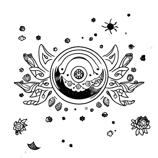 spine tattoo of moon phase, stars, capricorn constellation, baby's breath, bee, earthy vibes, totoro holding leaf  tattoo design idea