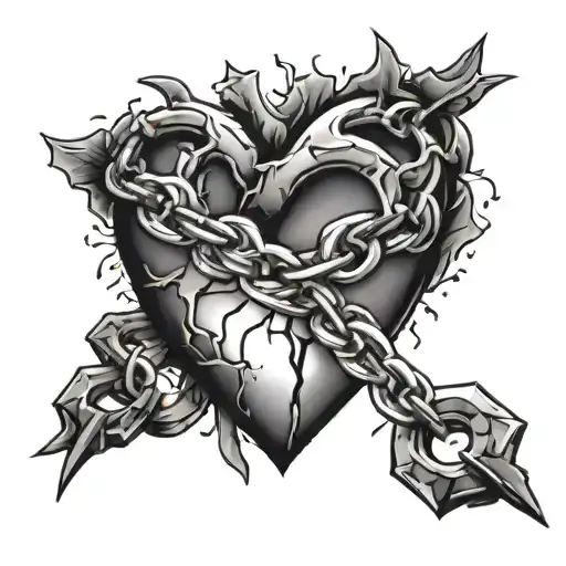 broken heart and chains breaking and bursting tattoo design idea