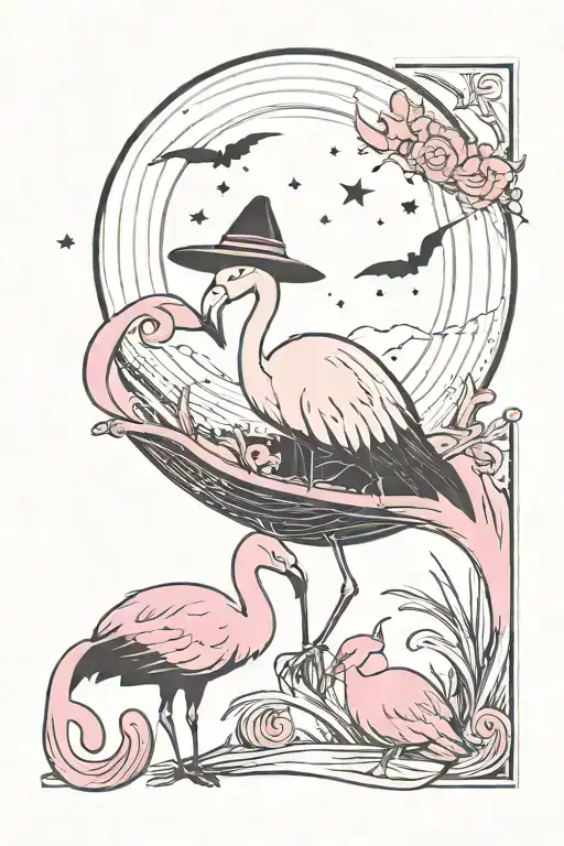 black moon with flamingo and a black cat wearing witch hat tattoo design idea