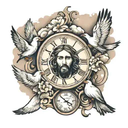 a clock with Jesus face  above the clock with clouds  and doves  tattoo design idea