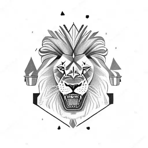 A majestic lion standing on top of a mountain peak, with a coffee cup in its paw and a hiking backpack on its back tattoo design idea