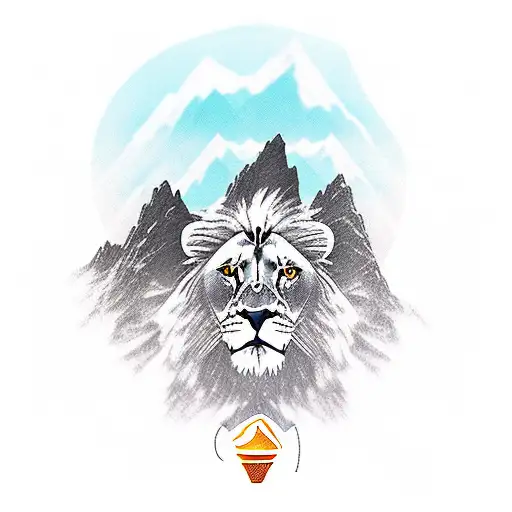 A majestic lion standing on top of a mountain peak, with a coffee cup in its paw and a hiking backpack on its back tattoo design idea