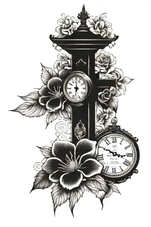 memorial piece for my mum with a cross, flowers and a clock reading 7:15am  tattoo design idea