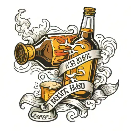 A broken bottle of beer, smoke comes from the bottle, cigarette with smoke. Ribbon with text "Never Had So Much Fun" tattoo design idea