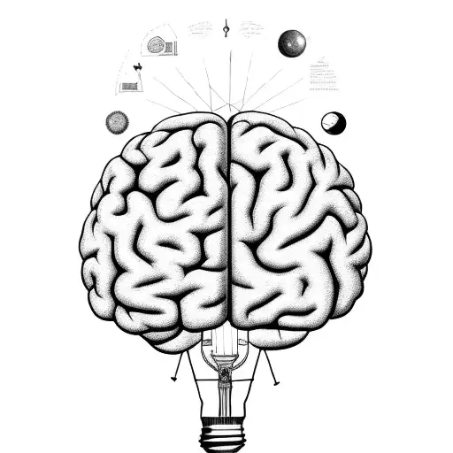 An open book with pages filled with various symbols of learning and knowledge, like a brain, a lightbulb, and a telescope tattoo design idea