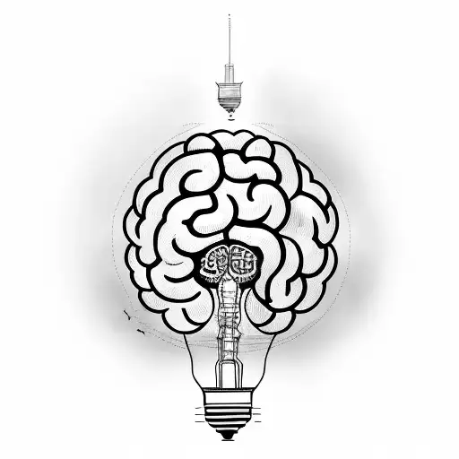 An open book with pages filled with various symbols of learning and knowledge, like a brain, a lightbulb, and a telescope tattoo design idea