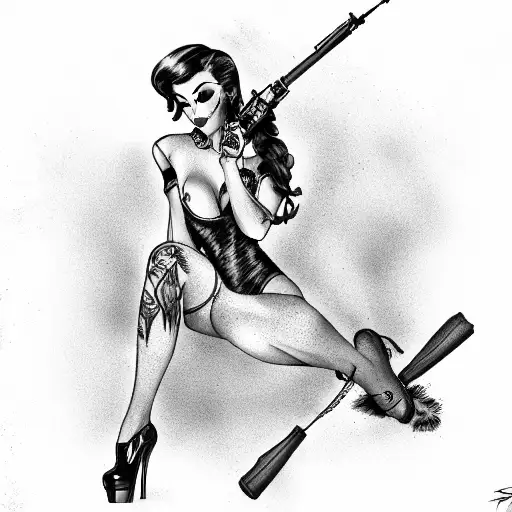 pinup girl with firearma and a French bulldog and  tattoo design idea