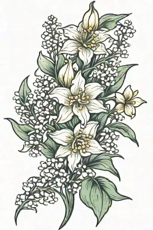 lily of the valley flower, narcissus flower, larkspur flower tattoo design idea