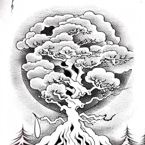 sleepy hollow tree with flaming heart at the center tattoo design idea