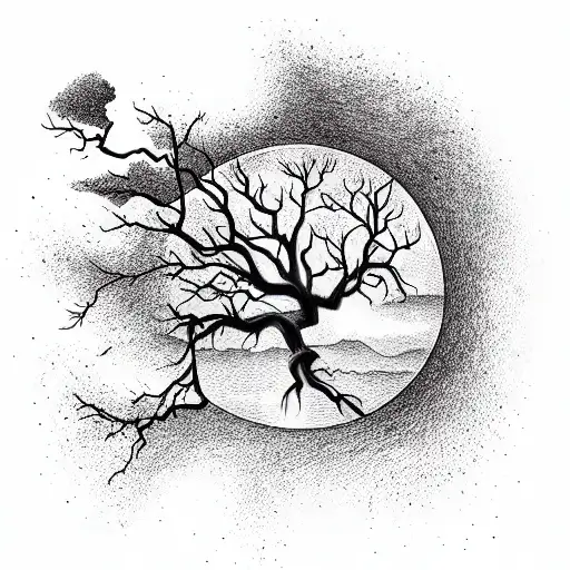 Sleeve Style Tattoo with Sleepy Hollow Tree with lightning in the backround tattoo design idea