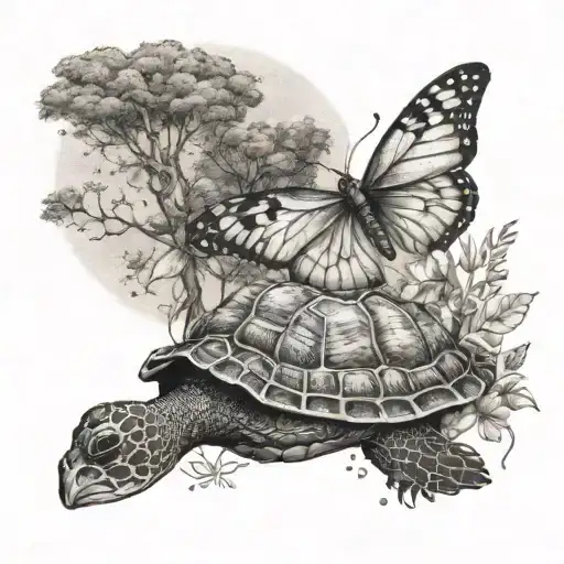 A serene tattoo design of a tranquil forest scene with a graceful butterfly fluttering around a majestic turtle tattoo design idea