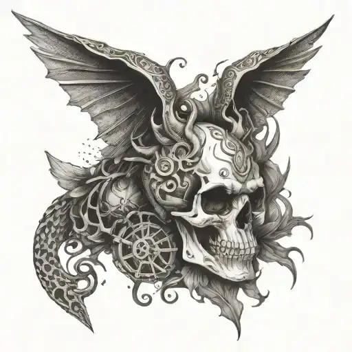 A skull with dragon wings, surrounded by demonic symbols, representing the journey from darkness to redemption tattoo design idea