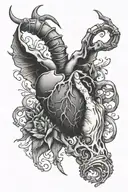 A skeletal hand holding a demon heart, representing the struggles of addiction and recovery tattoo design idea