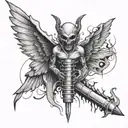 Abstract syringe with demonic wings sitting alone im no hero tattoo design idea