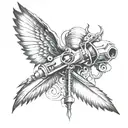 Abstract syringe with demonic wings sitting alone im no hero tattoo design idea