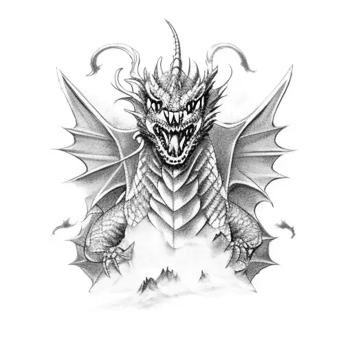 A badass dragon image featuring a dragon and castle tattoo design idea