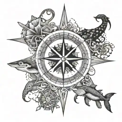 An intricate blackwork tattoo of a compass rose surrounded by various sea creatures like octopus, sharks, and jellyfish tattoo design idea