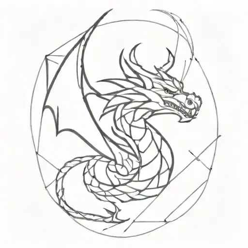 A minimalist design of a dragon breathing fire in a geometric pattern tattoo design idea