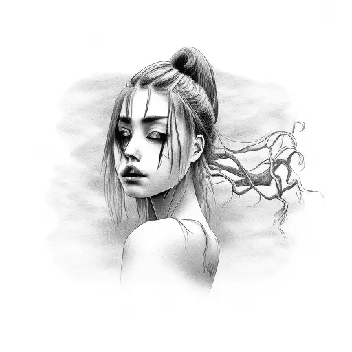 beautiful girl with weeping willow hair  tattoo design idea
