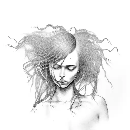 woman with hair like a weeping willow tree tattoo design idea