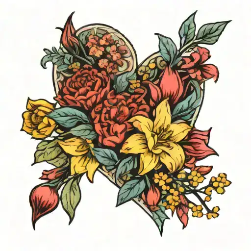heart shaped bouquet of carnation, daffodil, Lily, Daisy, larkspur, aster and holly flowers tattoo design idea