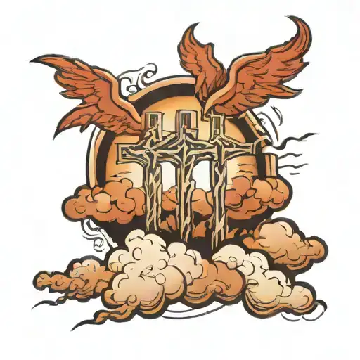 clouds with 3 crosses and lightning   tattoo design idea