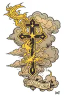 clouds with 3 black crosses an lightning striking with the words "If God is all you have, you have all you need" tattoo design idea