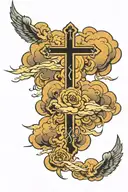 clouds with 3 black crosses an lightning striking with the words "If God is all you have, you have all you need" tattoo design idea