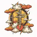clouds with 3 crosses and lightning   tattoo design idea