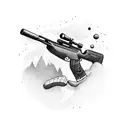 A running shoe merged with a hunting rifle, symbolizing the client's dual passions tattoo design idea