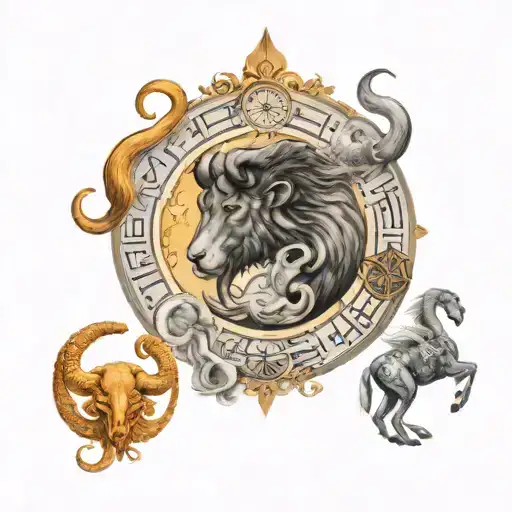 zodiac symbols Cancer, Aries, Capricorn, and two leo signs  tattoo design idea