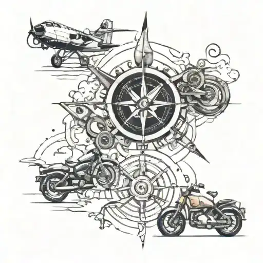 Airplane, compass, map, motorcycle engine, kids playing tattoo design idea