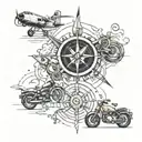 Airplane, compass, map, motorcycle engine, kids playing tattoo design idea