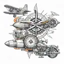 Airplane, compass, map, motorcycle engine, kids playing tattoo design idea