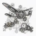 Airplane, compass, map, motorcycle engine, kids playing tattoo design idea