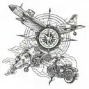 Airplane, compass, map, motorcycle engine, kids playing tattoo design idea