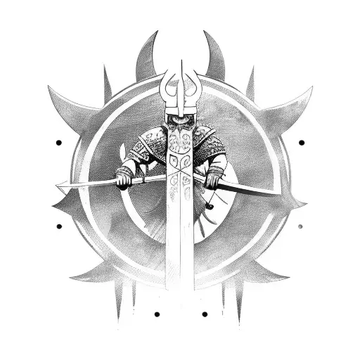 A fierce viking warrior emerging from battle fog with a sword in hand tattoo design idea