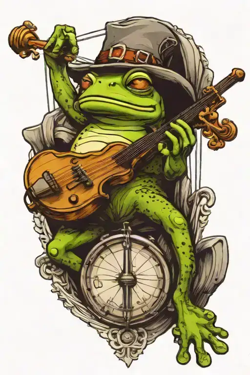 Frog playing violin sitting on sail mast ship with seal tattoo design idea