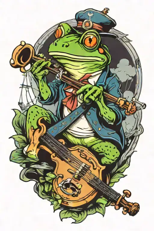 Frog with a violin sitting on a sail mast smoking a pipe tattoo design idea