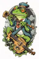 Frog with a violin sitting on a sail mast smoking a pipe tattoo design idea