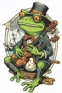 Frog with a violin sitting on a sail mast smoking a pipe tattoo design idea