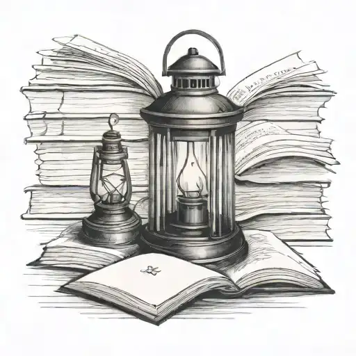 Florence nightingale lantern on pile open books tattoo design idea