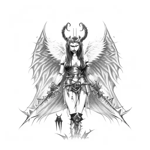 A demonic succubus warrior from the world of warcraft engaged in a ritualistic battle with an angel, surrounded by thorns and blood tattoo design idea