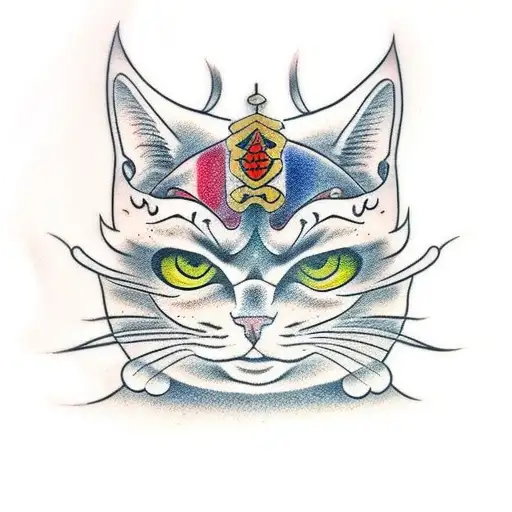 the cat in the samurai mask tattoo design idea