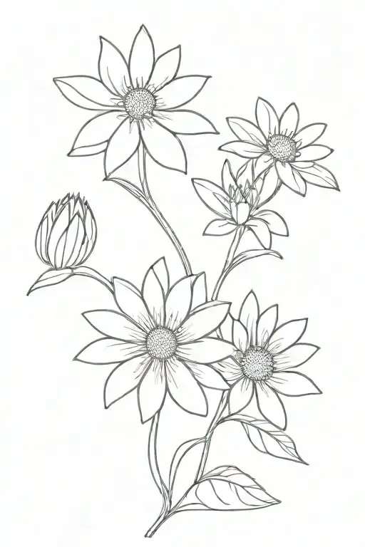 two aster flowers, one daisy, one water lily flower tattoo design idea