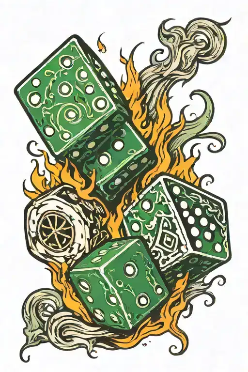 two dice in flames in a black and green scheme tattoo design idea