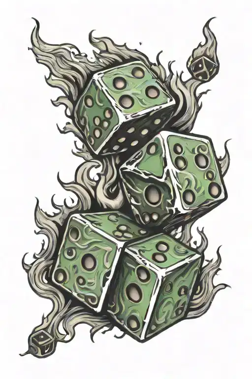 two dice in flames in a black and green scheme tattoo design idea