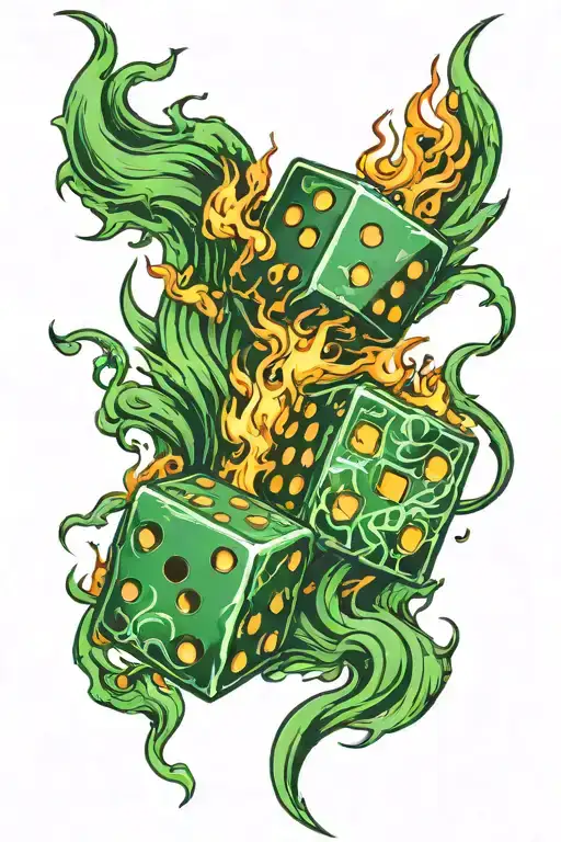 two dice in flames in a black and green scheme tattoo design idea